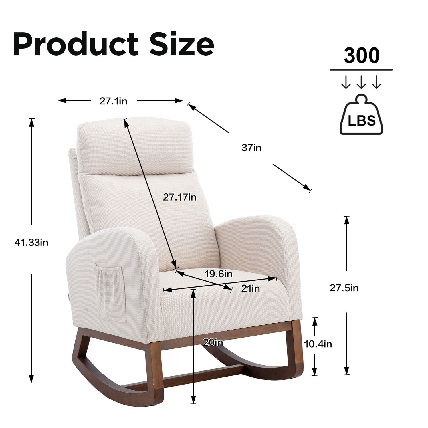 Modern Rocking Chair, Upholstered Nursery Glider Rocker Chair for Baby, Comfy Armchair with Side Pocket, Living Room Lounge Arm Chair, High Backrest with Headrest Shape Design(Light Beige)