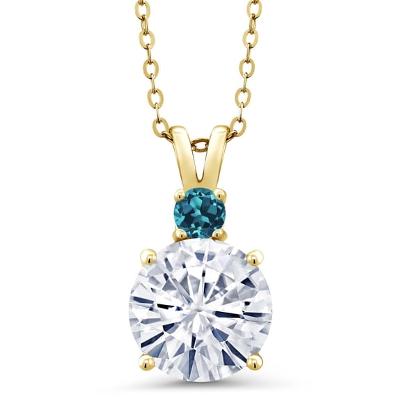 Gem Stone King 18K Yellow Gold Plated Silver White Moissanite and London Blue Topaz Pendant Necklace for Women (4.22 Cttw, Gemstone Birthstone, Round 10MM, With 18 inch Chain)