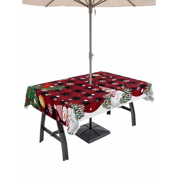 Outdoor Tablecloth with Umbrella Hole and Zipper, Christmas Snowman Rectangle Table Cloth 60x120 Inch Waterproof Tablecloth, Buffalo Plaid Xmas Tree Branch Snowflakes Picnic Table Cover for Patio