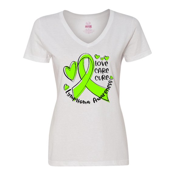 Inktastic Love, Care, Cure Lymphoma Awareness Lime Green Ribbon Hearts Women's V-Neck T-Shirt