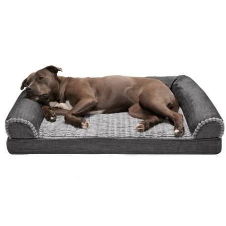 UPC: 0842229126273 | FurHaven Pet Products Luxe Fur & Performance Linen Orthopedic Sofa-Style Pet Bed for Dogs & Cats – Charcoal Large