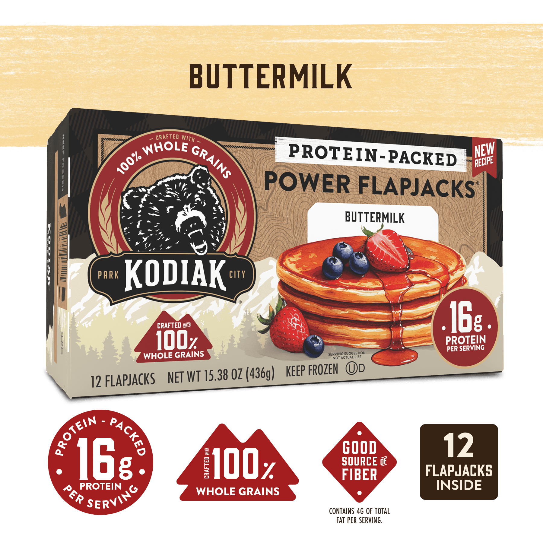 Kodiak Protein-Packed Buttermilk Power Flapjacks, 15.38 oz, 12 Count (Frozen)