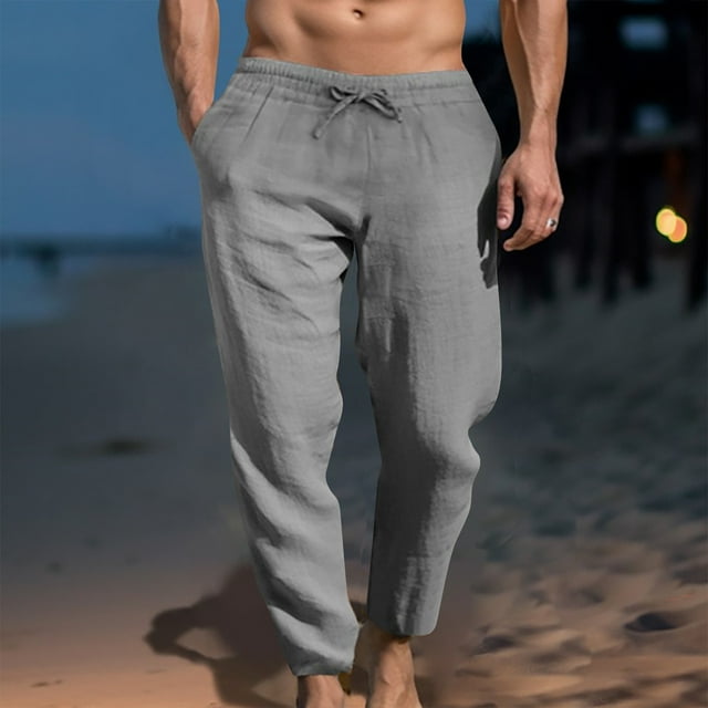 FcBaudy Full Length Pants Men's Casual Linen Drawstring Pocket Elastic Belt Straight Solid Pants Men Pants