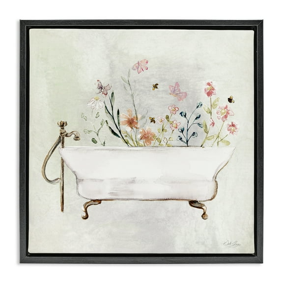 Stupell Industries Butterfly Floral Tub Typography Painting Black Floater Framed Canvas Art Print Wall Art, 18 x 18