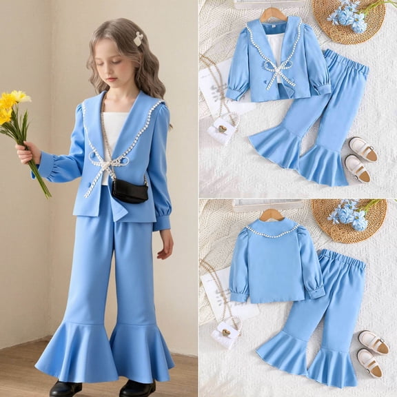 JIAYUE Spring Fall Formal Outfits Sets For Girls Solid Color Long Sleeve Classic Fit Pull-On V-Neck Suit Jacket with Vest and Flared Pant For Child Chic Modern Mix Match