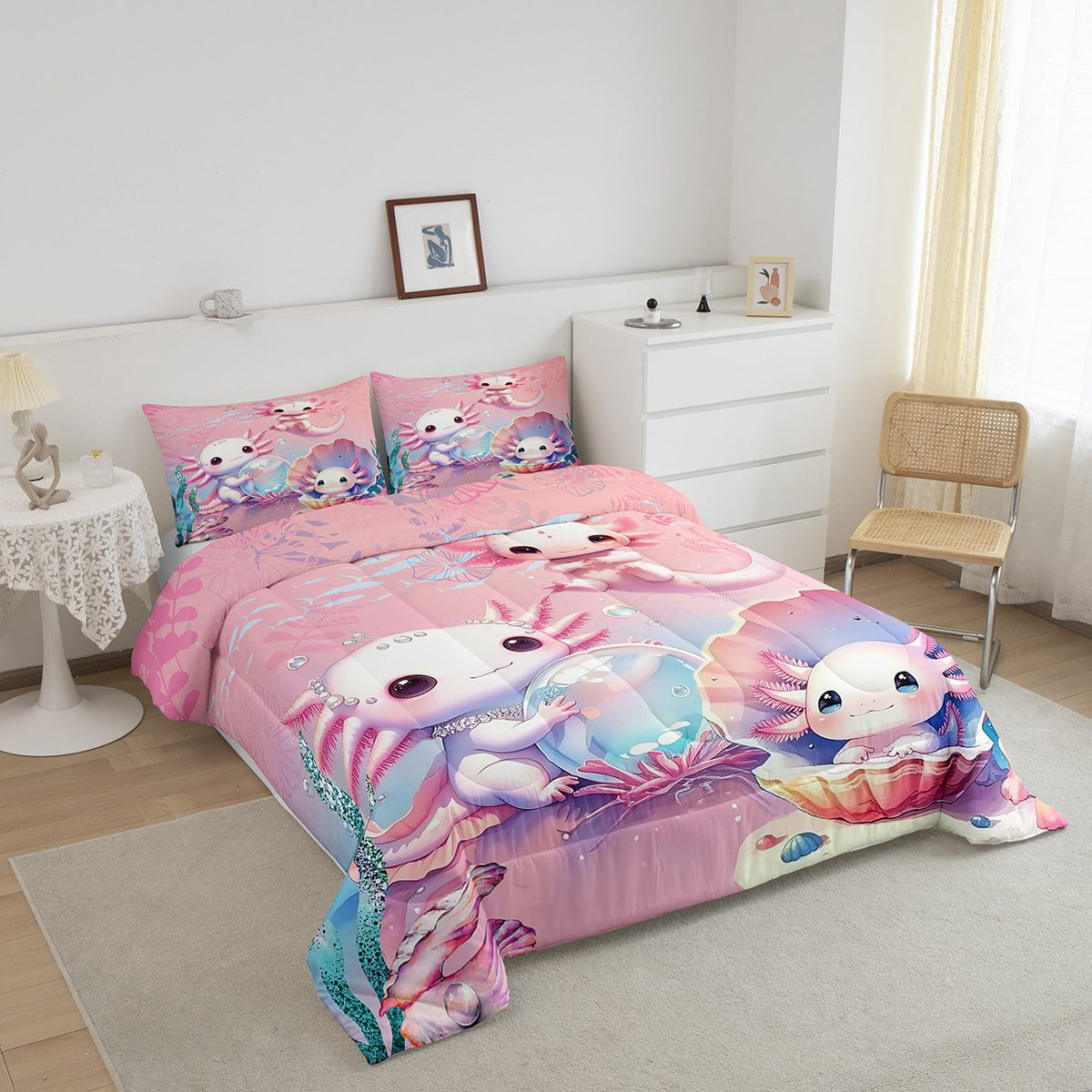 Erosebridal Axolotl Bedding Set Bedroom Decor,Cute Cartoon Axolotl Sea Shell Background Kawaii Bedding Set,Cartoon Sea Animals Axolotl Comforter Queen Size with 2 Pillowcase