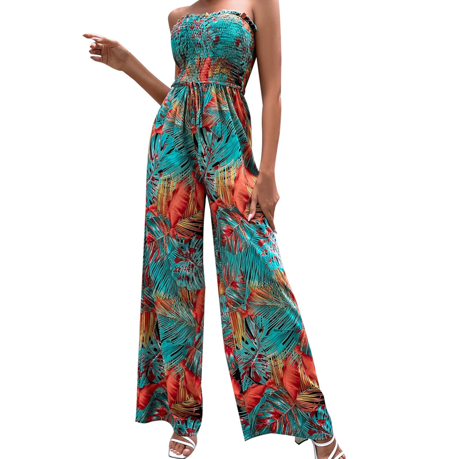 Womens Jumpsuits Sleeveless Strapless Printed Summer Beach Hawaiian