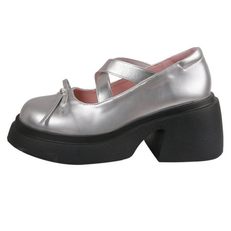 

New Bow Shallow Mouth Cross Belt Thick Bottom Thick Heel Mary Jane Single-layer Shoes Women‘s Internet Celebrant Casual JK Small Shoes for Hair