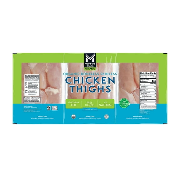 Member's Mark Organic Boneless Skinless Chicken Thighs, priced per pound