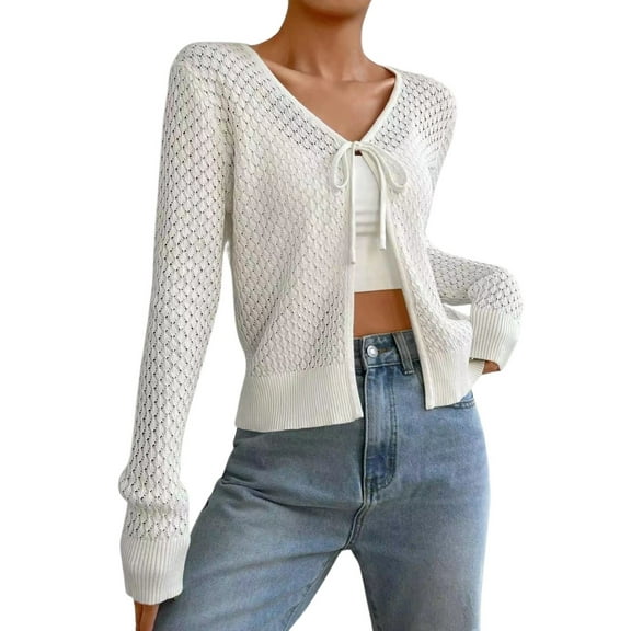 Women Y2k Croopped Cardigan Long Sleeve Tie-up Front Hollowed Knit Casual Jacket Sweater