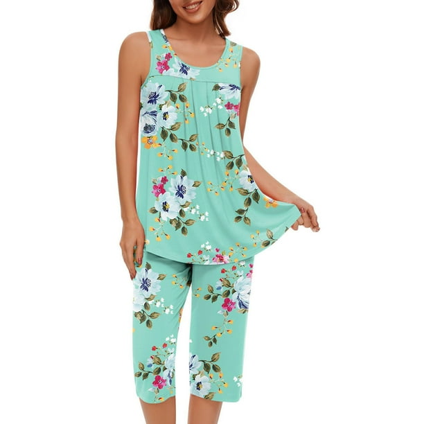 Conjunto de Ropa de Salón para Mujer Cuello Redondo Blusa sin Mangas Sólida Y Pantalones Cortos de Cintura Elástica Pantalones, Pantalones Cortos de Verano para Mujeres
