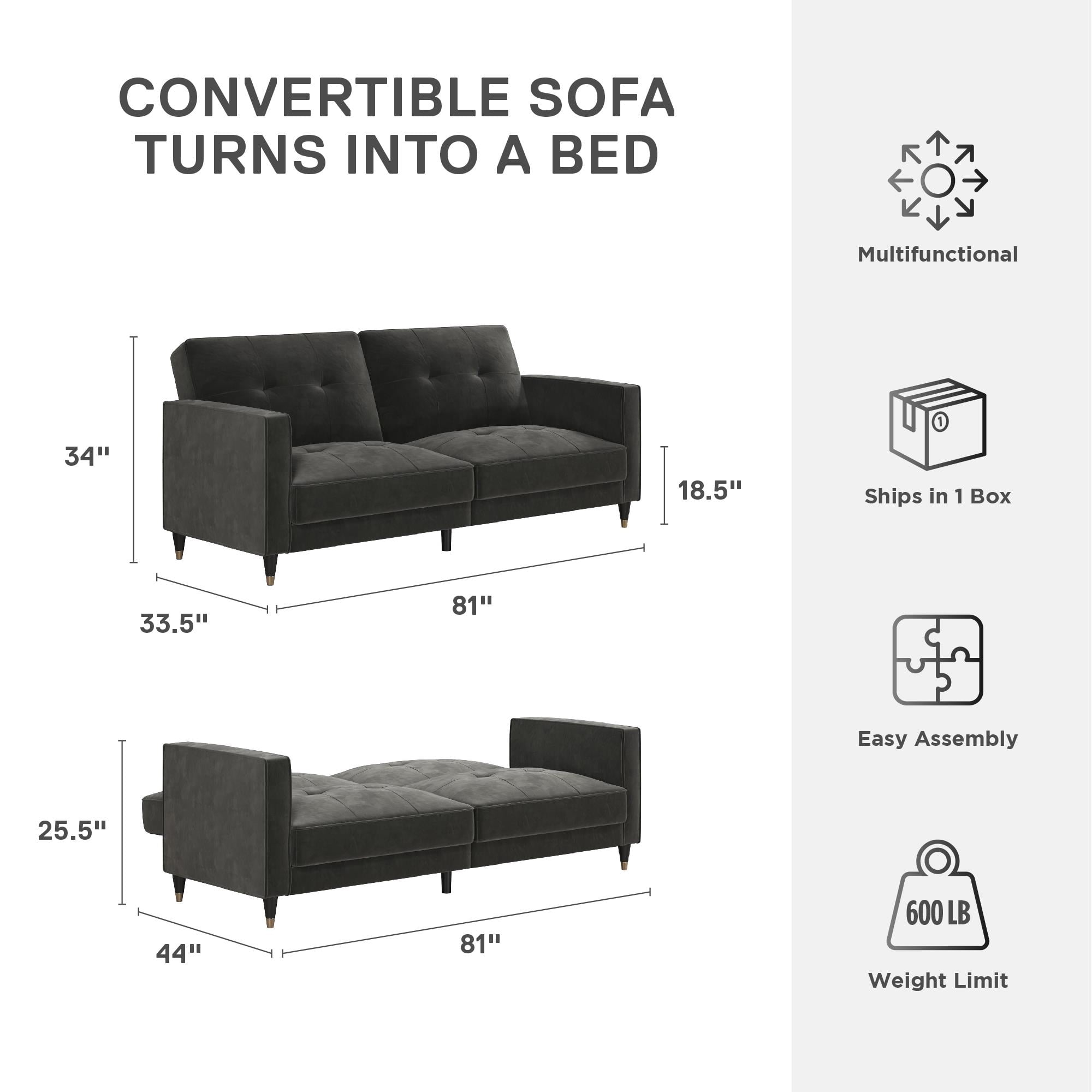 DHP Penelope Pin Tufted Futon, Dark Gray Velvet