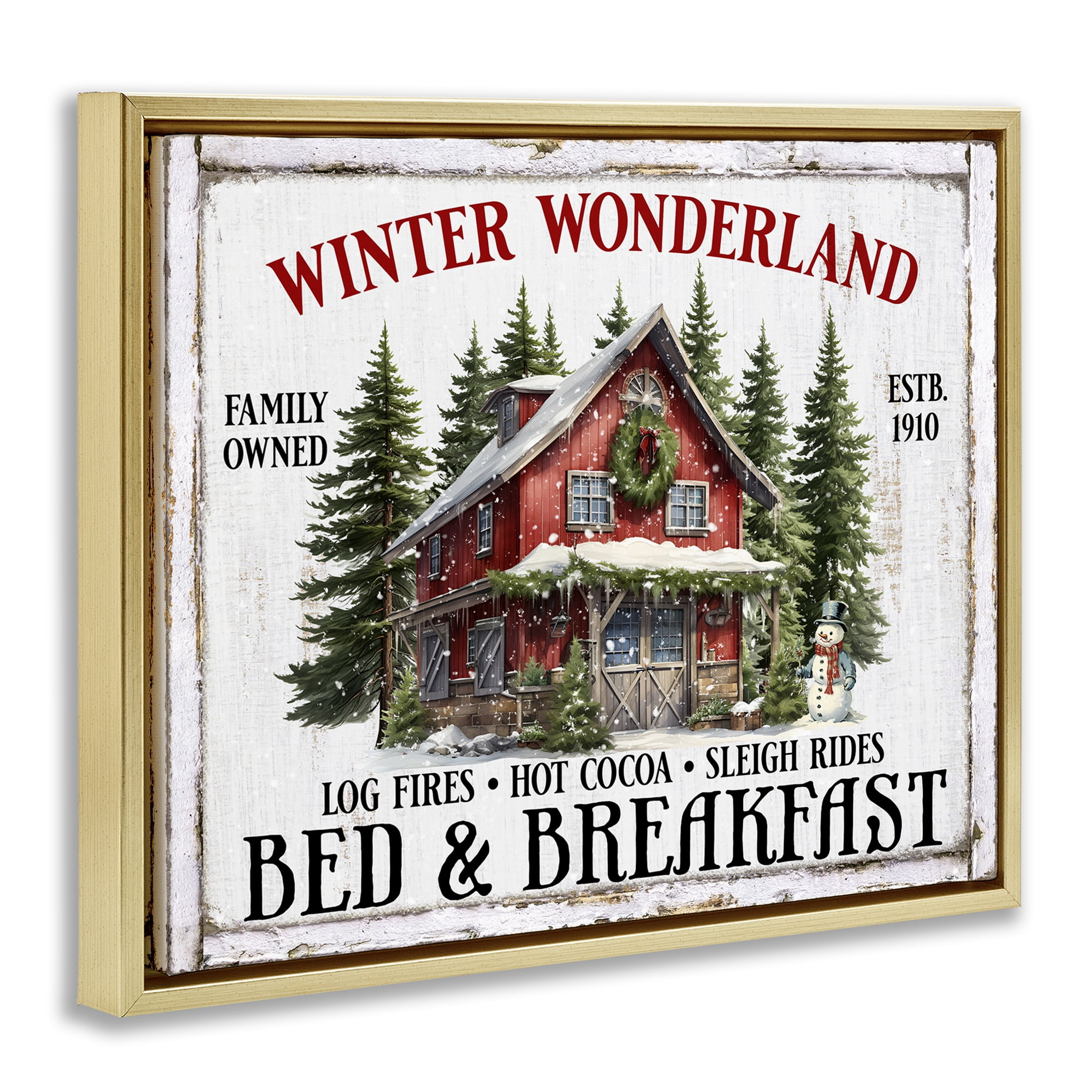 Stupell Industries Winter Bed & Breakfast Holiday Painting Gold Floater Framed Canvas Art Prints Wall Art, 21 x 17
