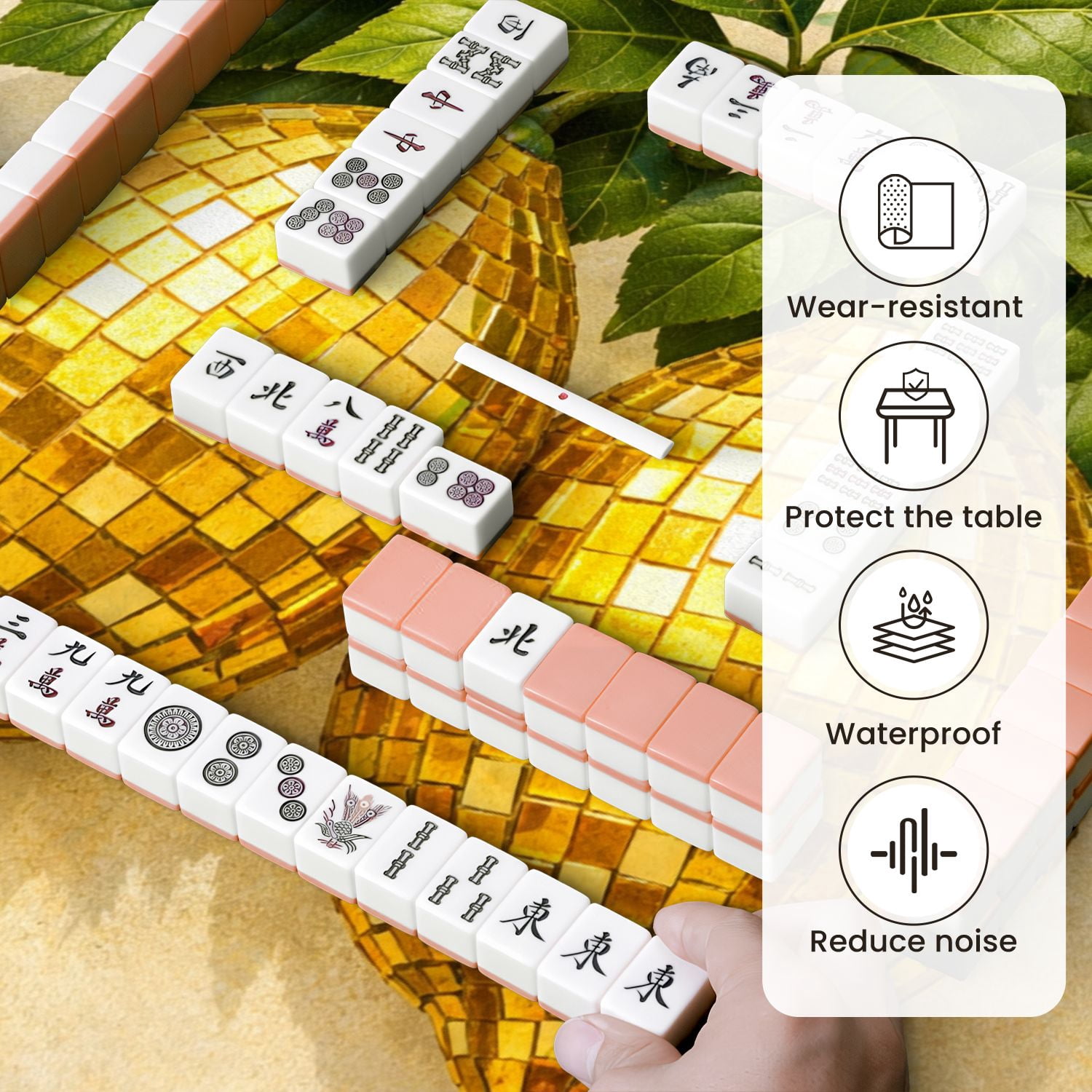 Mahjong Mat 31.5" x 31.5" Golden Mosaic Lemons Green Leaves Neutral Decorative Realistic Non-Slip Noise Reduction Mahjong Tiles Table Cover for Dominoes Poker Card Board and Tile Games