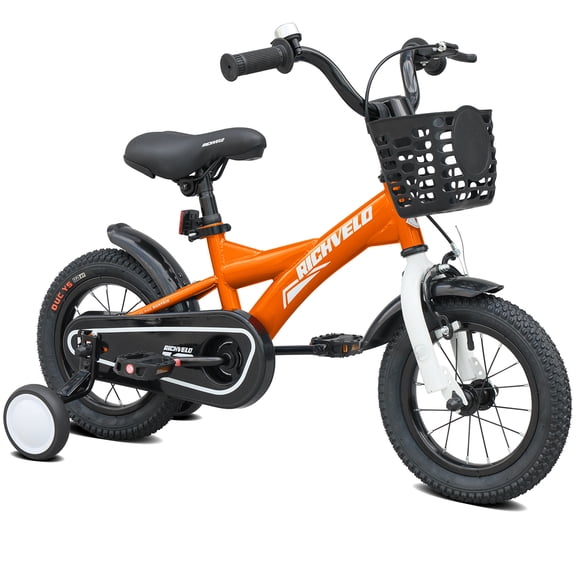 JERFIT Bicycle, 12 14 16 Inch, Training Wheels, Steel Frame, Front V-Brake and Coaster Brake, Basket, Orange