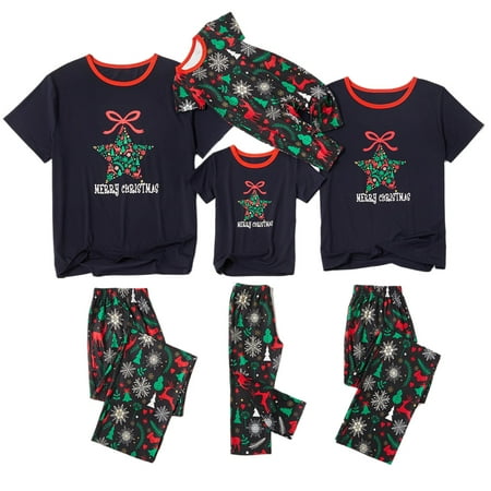 

Pudcoco Christmas Family Pajamas Set Star Snowflake Pattern Print Short-sleeved T-shirt +Trousers or One-Piece Romper