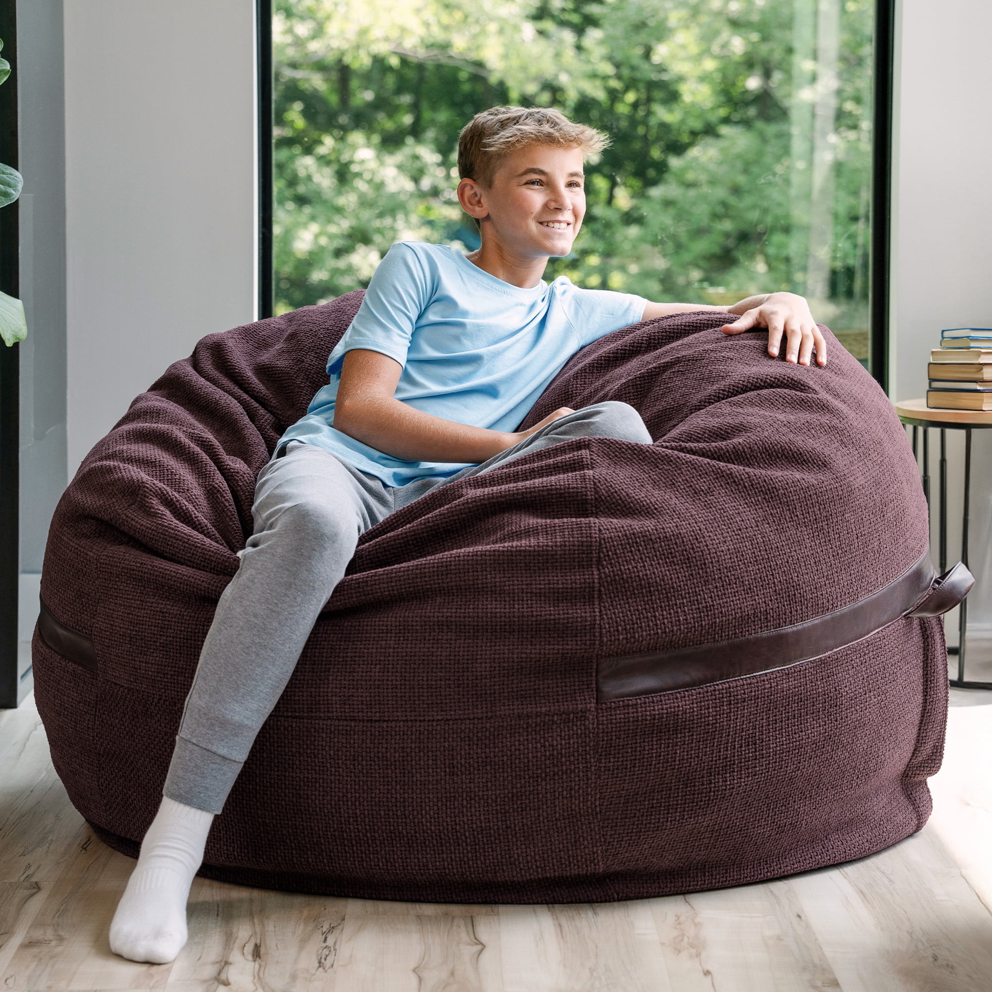 Big Joe Fuf 5Ft Oversized Foam Bean Bag Chair for Kids, Teens, Adults, Merlot Cloudweave, 5 foot Large Reading and Gaming Seat