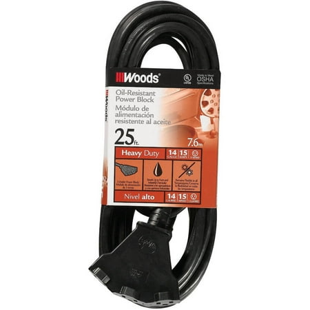 Extension Cord 3 Conductor - Woods 14/3 SJTOW Agricultural Extension Cord with 3-Outlet Power Block, Black, 25-Foot