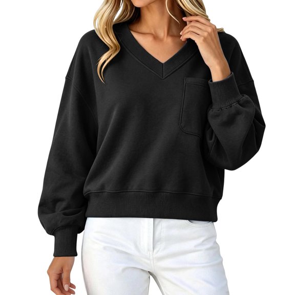 Hurxie Womens V Neck Cropped Sweatshirt Casual Pullover Tops Cropped Length with Chest Pocket Drop Shoulder Casual Fall Style Black,L