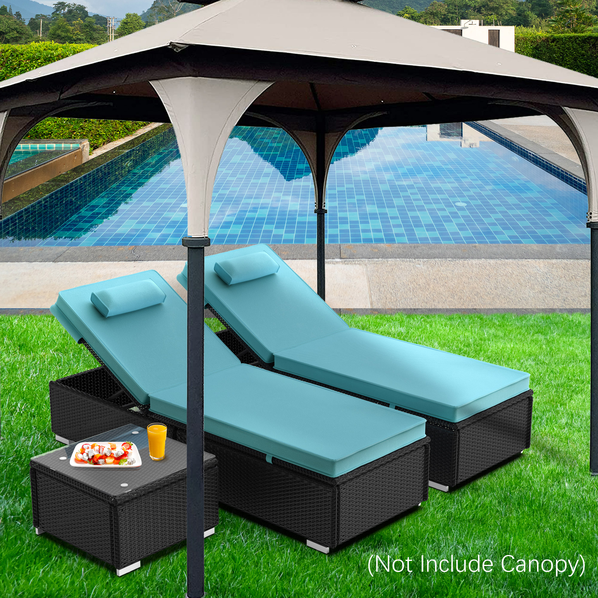 3 Pieces 5 Position Outdoor PE Rattan Patio Lounge Set, Folding Reclining Chaise Chairs with 2 Pillows & Coffee Table, Wicker Chaise Furniture Sets for Porch Poolside Backyard Garden, S1546 - image 3 of 12