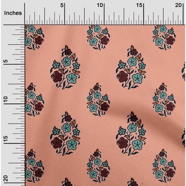 oneOone Silk Tabby Fabric Leaves & Floral Block Print Fabric BTY 42 Inch Wide