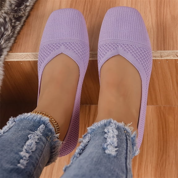 Domuza Women's Square Toe Knitted Flats Comfortable Softsole Slip On Ballet Flats summer Lightweight Casual Walking Work Shoes Purple 8.5（EU-41）