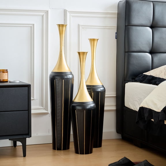 S-HOME Handcrafted Metal Floor Vase Set in Black and Gold - 3 Pieces with Heights of 27.56", 31.5" and 35.43" for Home Decor