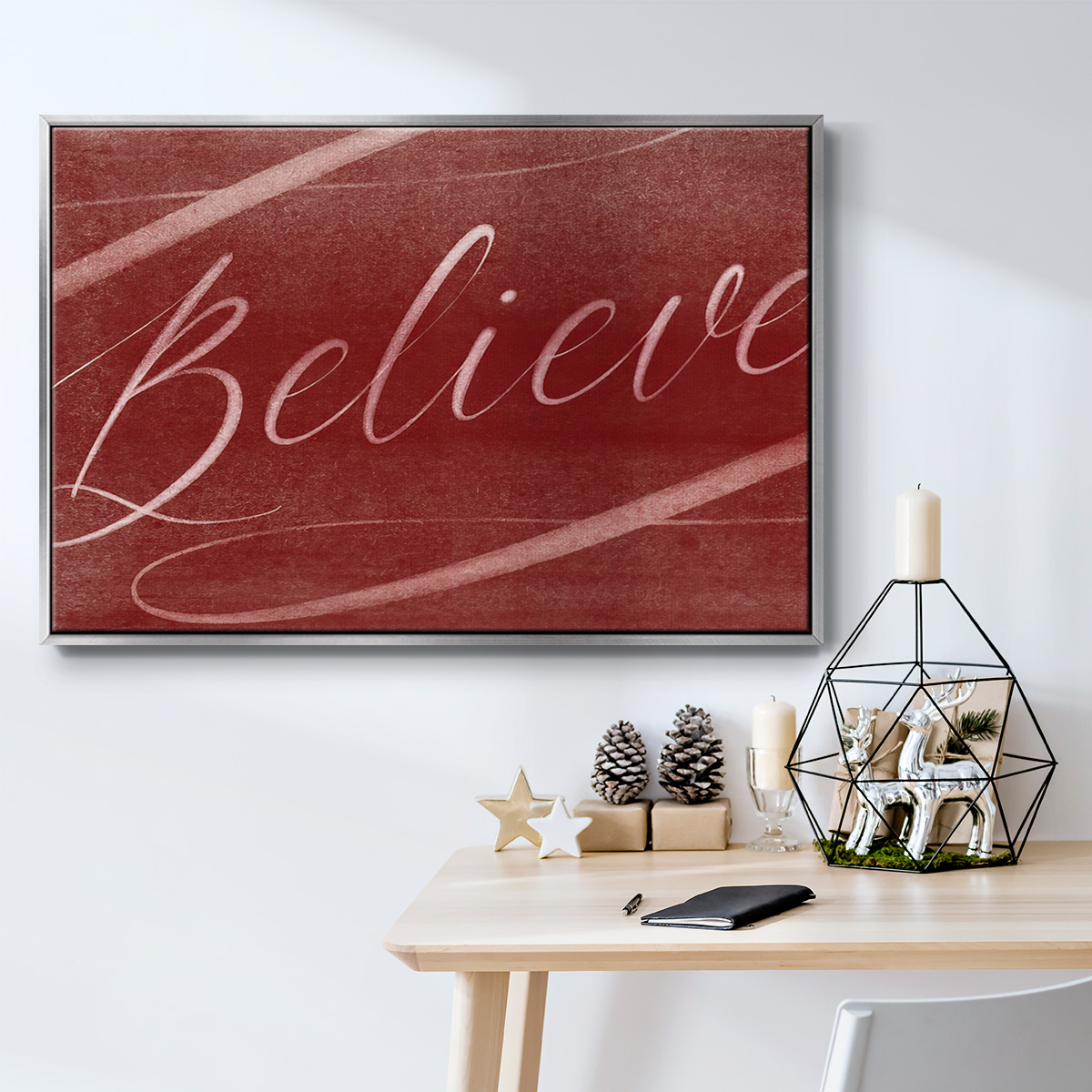 Believe - Framed Gallery Wrapped Holiday Canvas - 25 x 37 - Silver Frame