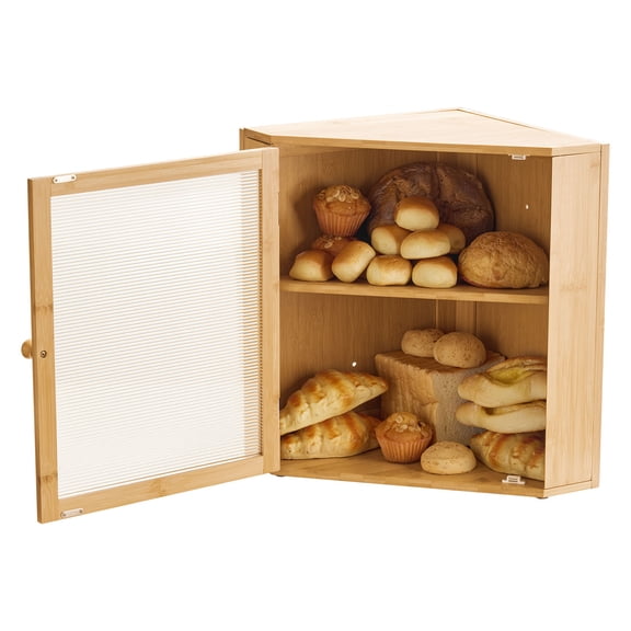 KFFKFF Corner Bread Box for Kitchen Counter, Double-Layer Bamboo Bread Storage Container, Wooden Breadbox with Acrylic Wavy Door, Natural Finish