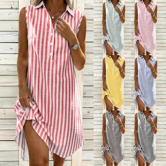 Sentmoon Long Dress Tshirt Dress Women Summer 2026 Striped Print Sleeveless Lapel Regular Fit Sun Dresses for Women for Sport and Athletic S-XXL
