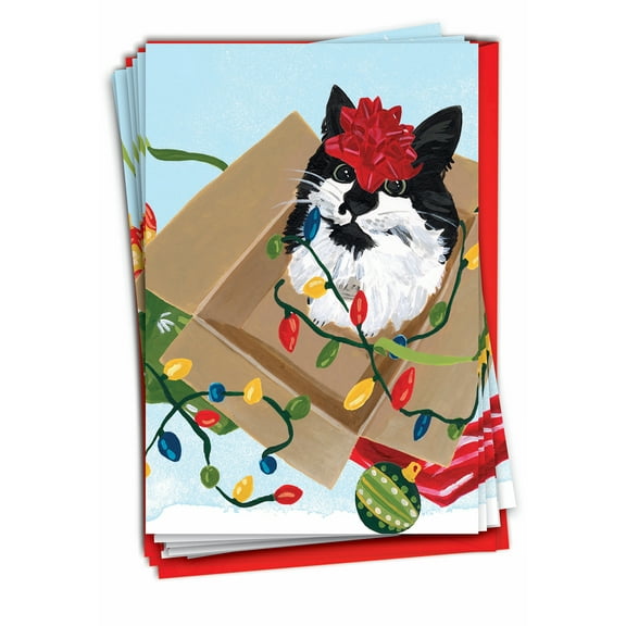 Pack of 12 Merry Christmas Greeting Cards (1 Design, 12 Cards) - Purr-fect Holiday Red Bow C9555BXSG-B12x1