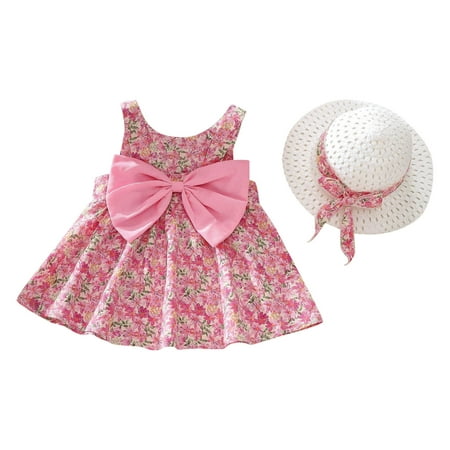 

Toddler Girl Dress Sleeveless Floral Skirt Bow Cute Sweet Suspender Dress Princess Dress With Hat Baby Girl Clothes