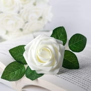 Mocoosy 50Pcs Artificial Rose Flowers, Ivory White Fake Roses for Decoration, Real Looking Foam Rose Bulk with Stem DIY Wedding Bouquets Bridal Shower Floral Arrangements Party Valentines Day Decor