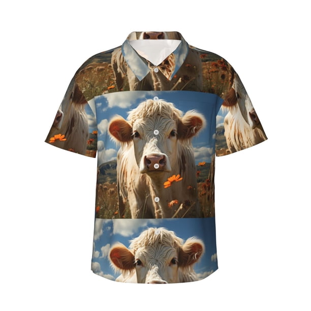 Fotbe Daisy Meadow Cow Camisa Hawaiana para Hombre Unisex – Camisa Casual de Verano con Botones de Manga Corta de Algodón y Lino,3X-Large