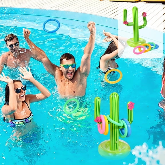 Inflatable Cactus Pool Float with 4 Rings, Cactus Shaped Outdoor PVC Pool Decoration Set, for Garden Party Swimming Pool Beach
