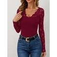 thumbnail image 4 of Women'S Floral Embroidery Mesh Lace V Neck Long Sleeve Top Wine Red XL, 4 of 9