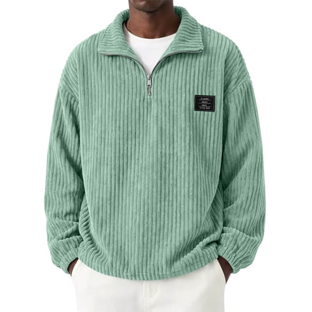 Corduroy Quarter Zip Sweatshirt Men Soft Ribbed Pullover Top for Travel Casual Loose Solid Color Long Sleeve Fall Sweatshirt Green XL
