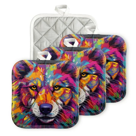 

BaHomeck Pot Holders 4pcs dacron Made Square heat-resisting mat Machine Washable for Kitchen Oven Hot Pad 6.7inch*6.7inch Vibrant And Colorful Wolf Face Portrait Featuring Bold Colors Like Neon Green