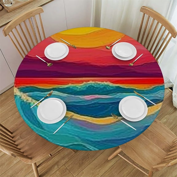 SheronV Sunset Waves Round Tablecloth Stain-Resistant Washable 60 Inch 31"-35