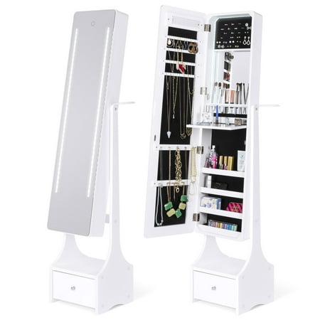 Best Choice Products Full Length Standing LED Mirrored Jewelry Makeup Storage Cabinet Armoire w/ Interior & Exterior Lights, Touchscreen, Shelf, Velvet Lining, 4 Compartments, Drawer,