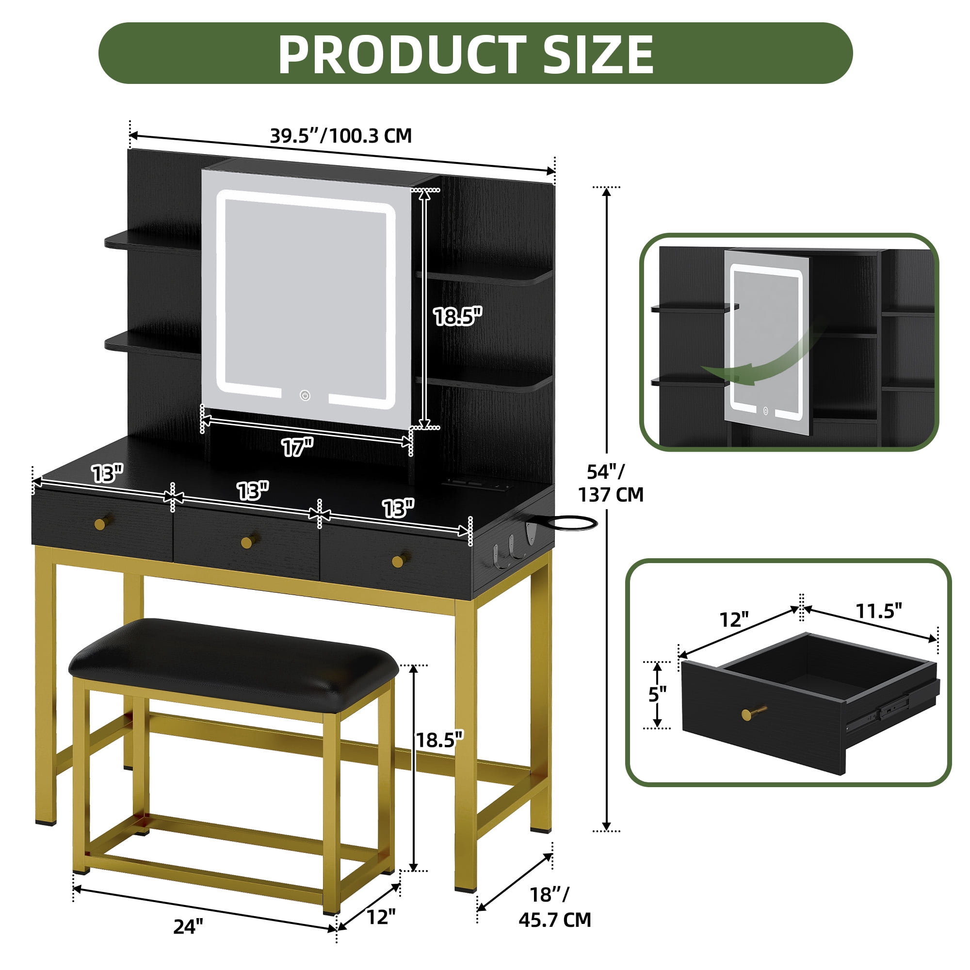 Uforic Vanity Set with Lighted Mirror & Power Outlet, Makeup Vanity Table Desk Chair Set for Bedroom, Black