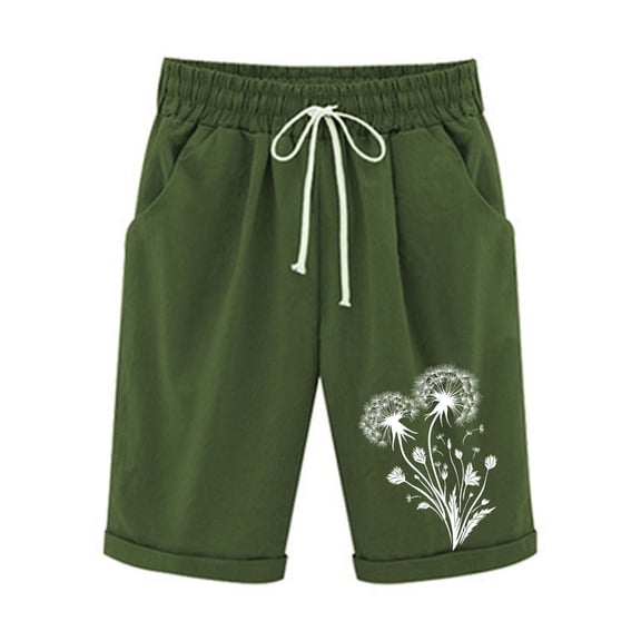 Dvprdro Women Summer Imitation Cotton Linen Knee Length Shorts Casual Solid Printed Drawstring Elastic Waist Beach Shorts with Pockets