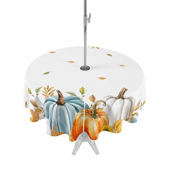 Outdoor Tablecloth with Umbrella Hole and Zipper, Fall Thanksgiving Round Table Cloth 60 Inch Waterproof Tablecloth, Maple Leaf Harvest Botanical Autumn Picnic Table Cover for Patio Camping