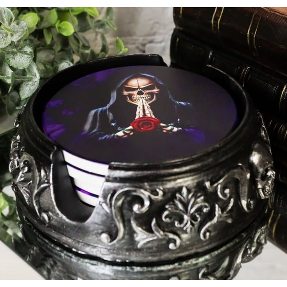 Gothic Tribal Tattoo Scrollwork Morbid Skulls With Grim Reaper Rose Coaster Set