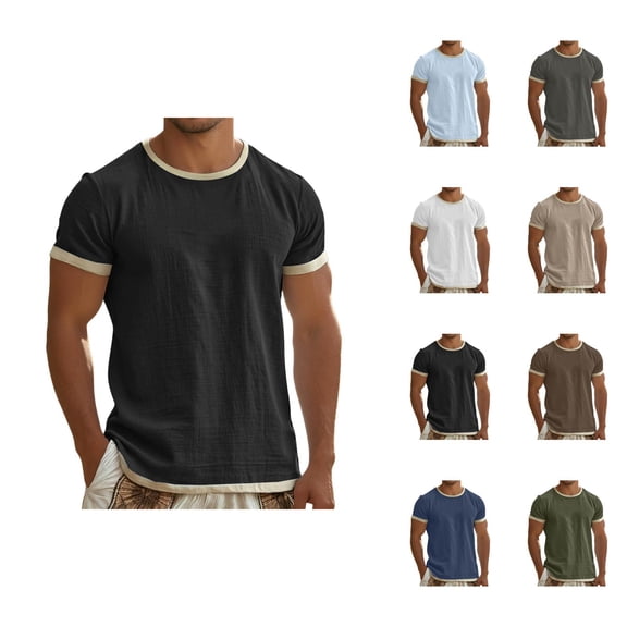 Cotton Linen T Shirts for Man Summer Casual Lightweight Breathable Short Sleeve Crewneck Loose Tshirts