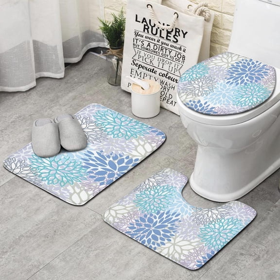 Blue Floral Leaf Pattern Bathroom Rugs Sets 3 Piece,Toilet Cover Set,Absorbent Non Slip Bathroom Mats Sets with U-Shaped Contour Rug Toilet Rug Set