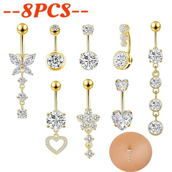 8 Piece 14 G Surgical Steel Gold Belly Button Ring Set - Hypoallergenic Navel Jewelry with Sparkling Crystals & Flowers, Adorable Dangle Piercings for Women