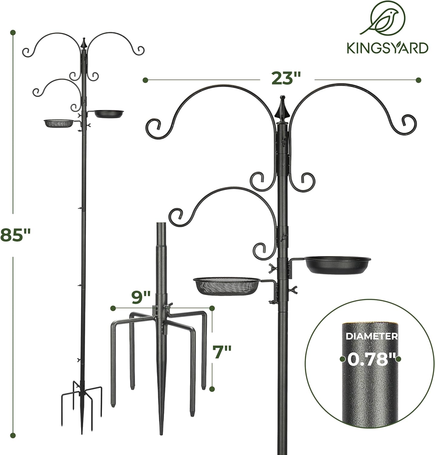 Bird Feeding Station Kit - 85 Inch Feeder Pole with 5-Prong Base, Stand for Outdoors Hanging Feeders, Upgraded in Stability, Black