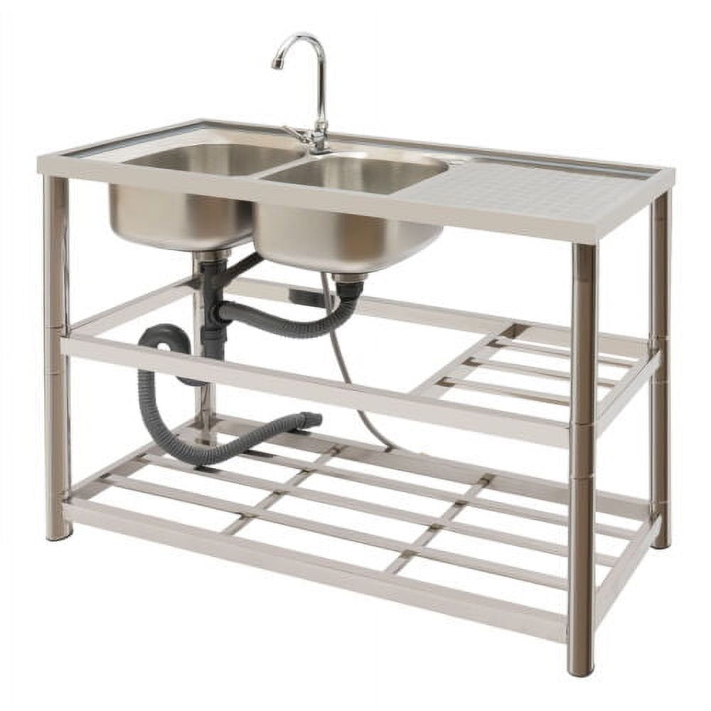 Free Standing Double Bowl Sink Commercial Restaurant Kitchen Sink Set w/Faucet & Drainboard, Prep & Utility Washing Hand Basin w/Workbench & Double Storage Shelves Stainless-Steel