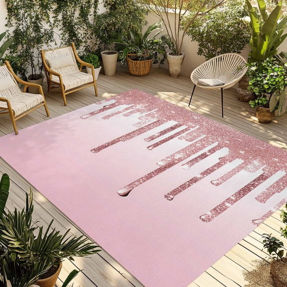 Fsddascl Pink Glowing Fluid Outdoor Rug for Patio/Deck/Porch, Non-Slip Large Area Rug 4 x 6 Ft, Romantic Modern Droplet Indoor Outdoor Rugs Washable Area Rugs, Reversible Camping Rug Carpet Runner